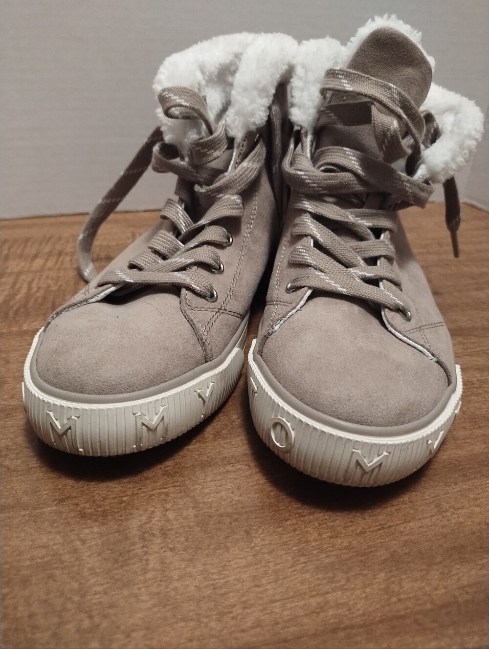 Tommy Hilfiger Taupe Suede High-Top Sneakers with White Faux Fur Collar